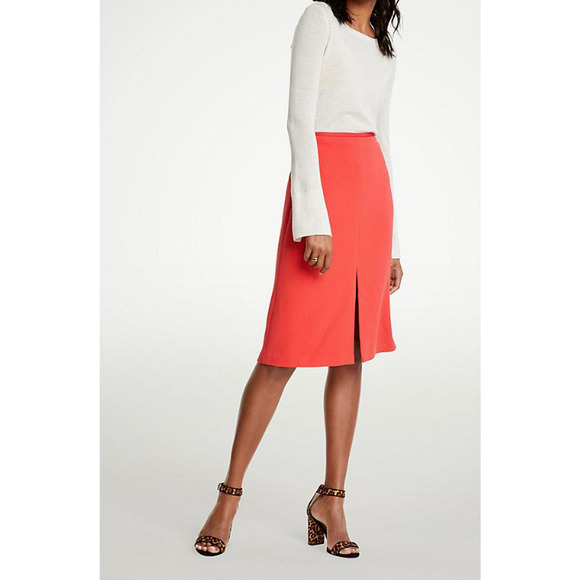 Ann Taylor Red Orange A-line Skirt Front Slit 12 Petite Double Weave New Career - Picture 1 of 11